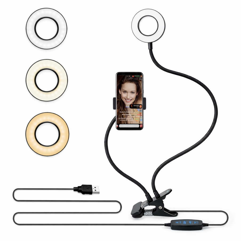 Smartphone with a clip-on ring light and USB cable on a white background