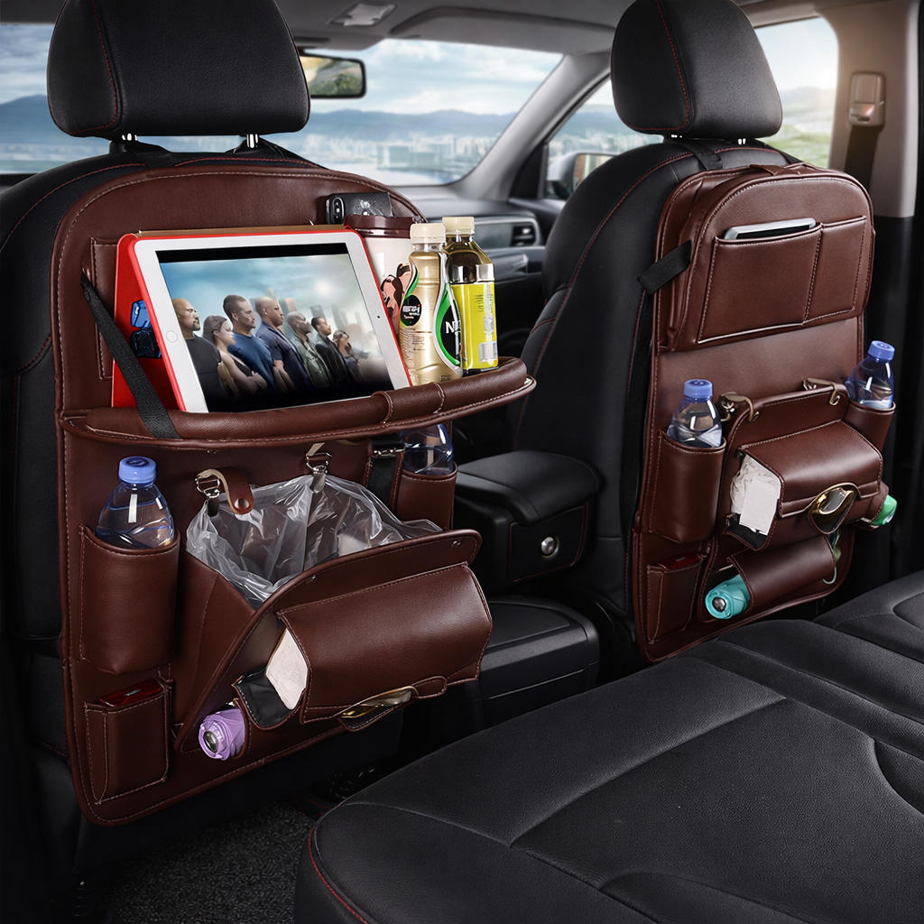 Car back seat organizer with various items in a vehicle interior