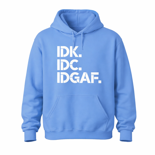 Blue hoodie with white text &