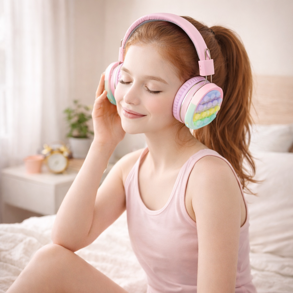 Pink pastel pop fidget Bluetooth headphones with rainbow ear cushions on coral background