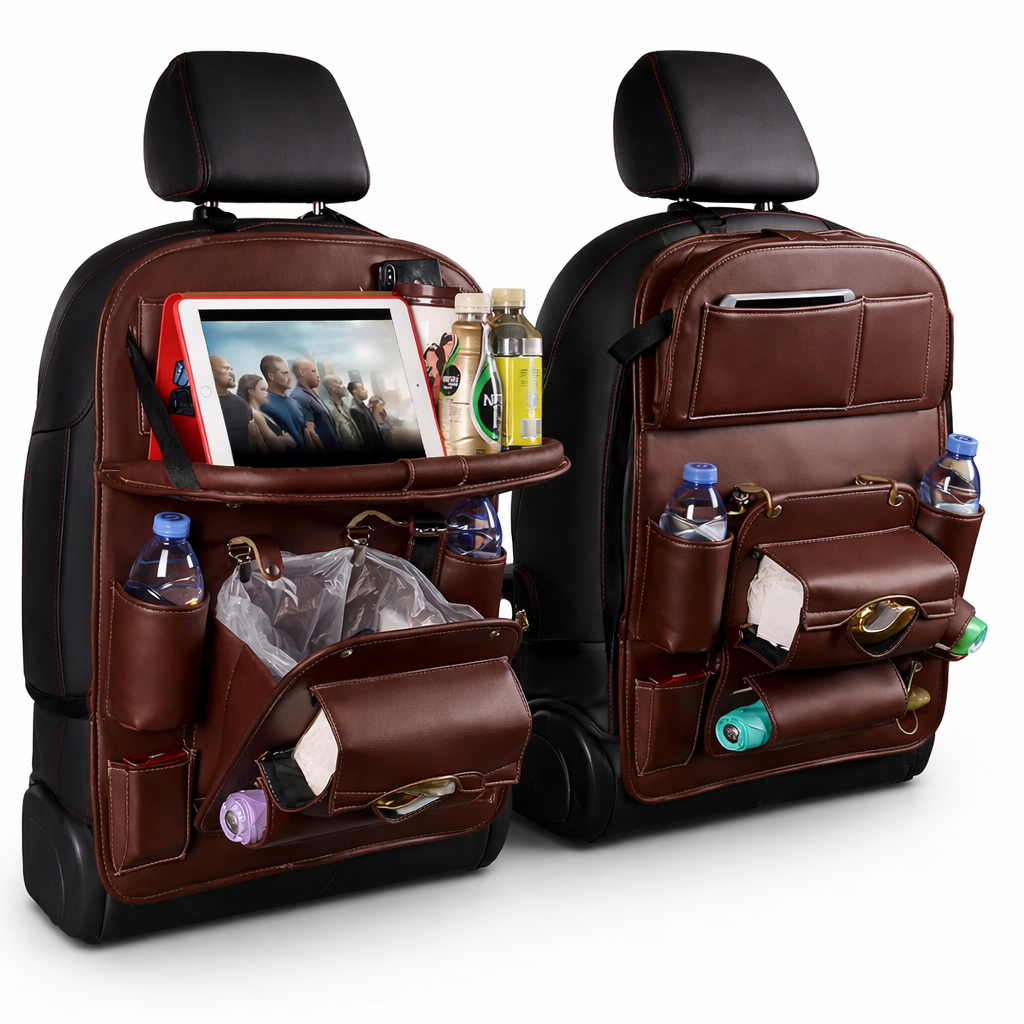 Two brown car seat organizers with various items on a white background