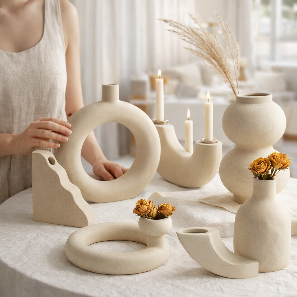 Ceramic sculptures and vases on a table with a blurred background