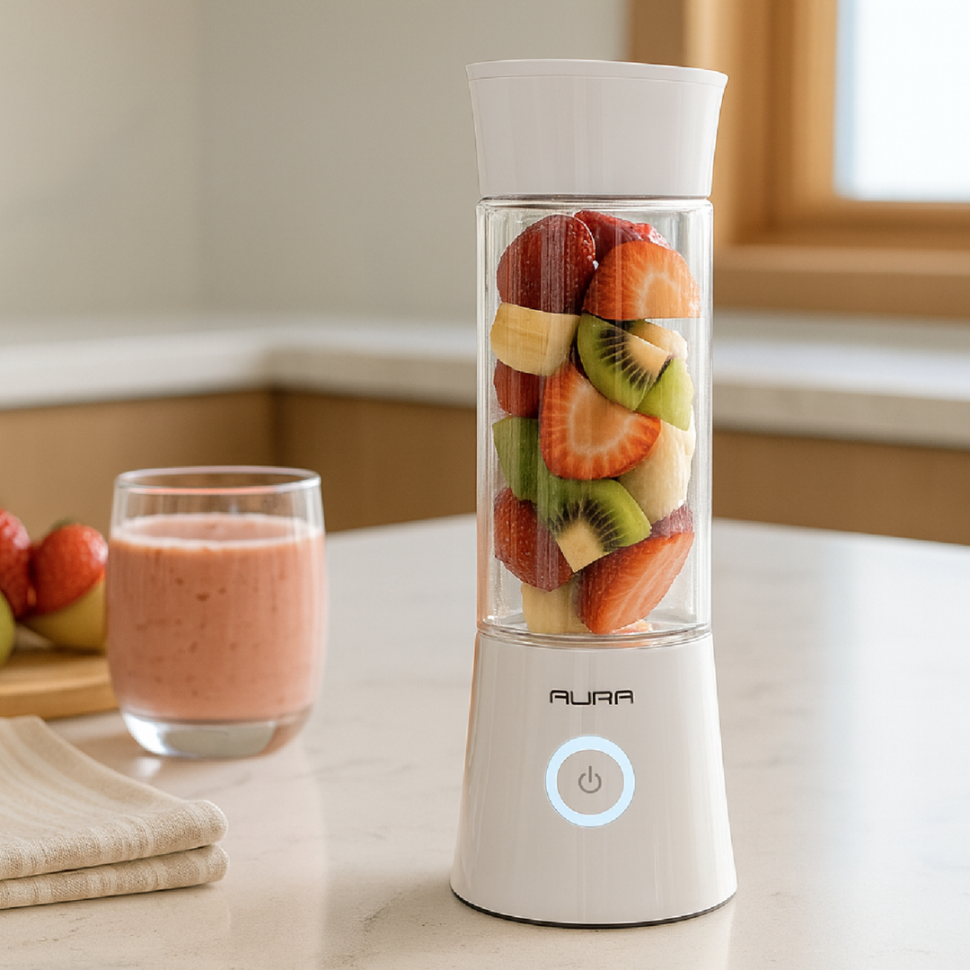 Portable blender with fruits inside on a kitchen counter, next to a glass of smoothie.