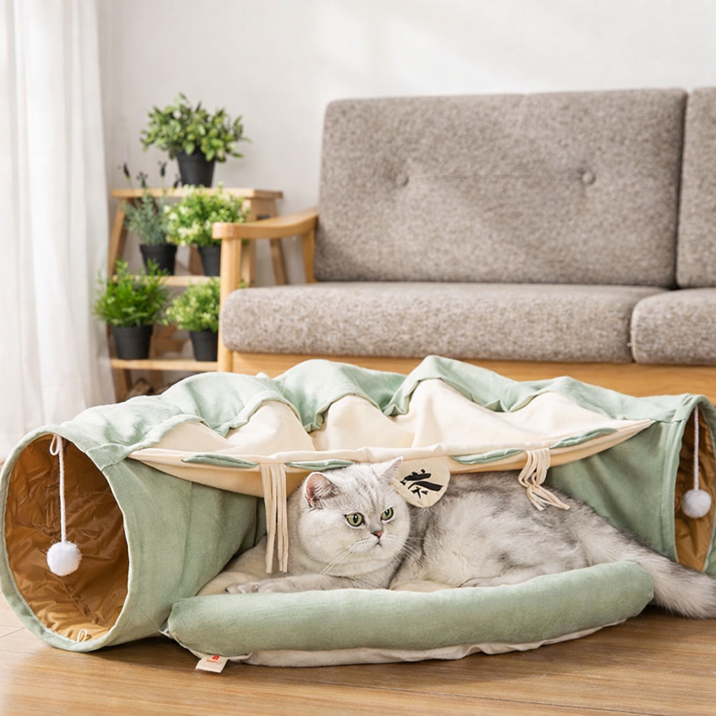 Collapsible cat tunnel bed with soft fabric for indoor cats