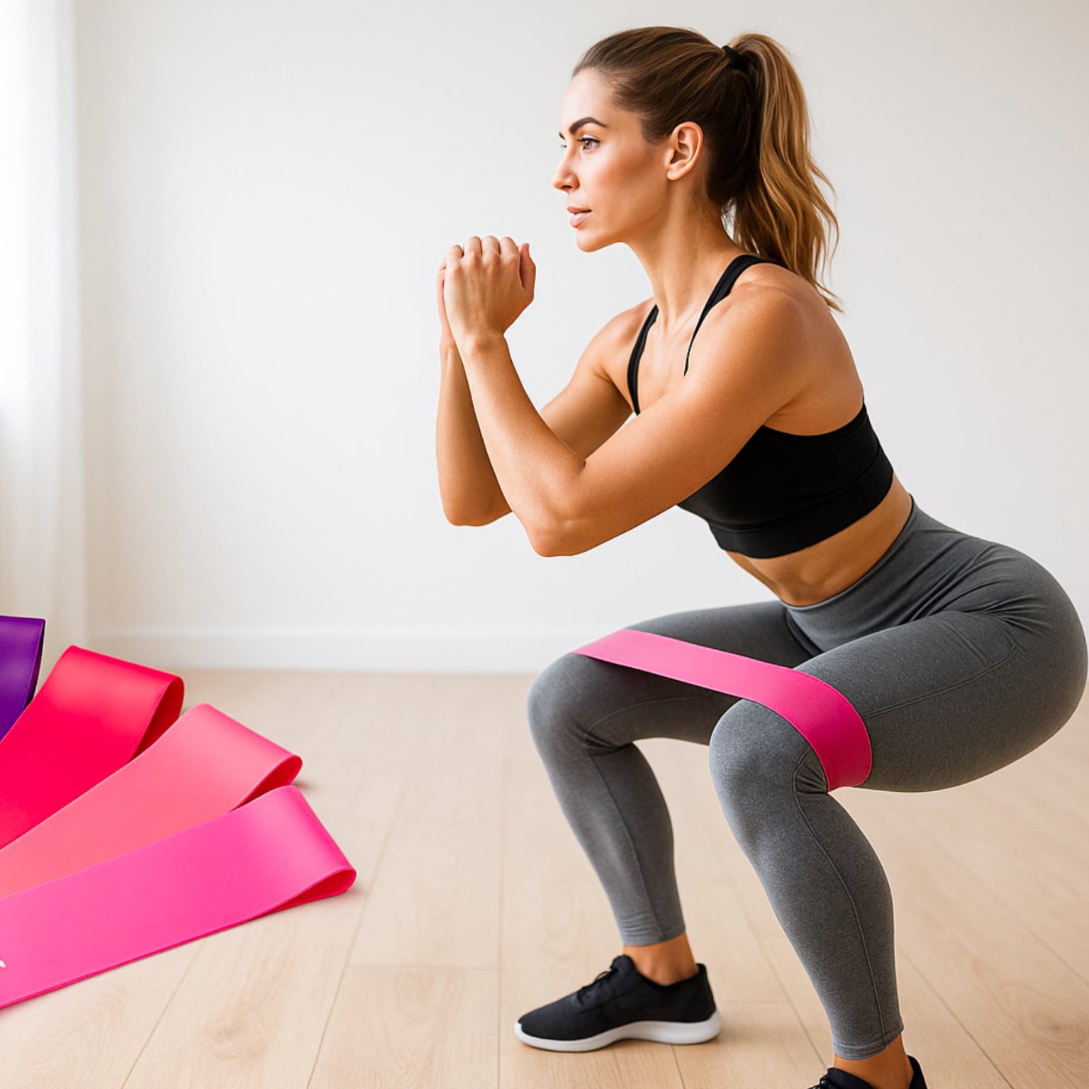 Woman exercising with resistance bands in a bright room