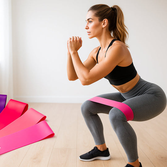 Woman exercising with resistance bands in a bright room