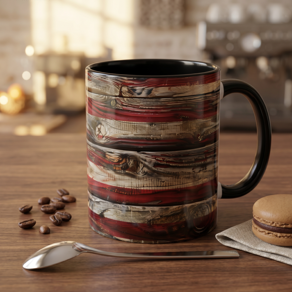 Rustic American flag mug with distressed design, ceramic material, and patriotic red, white, and blue colors, by Printify.