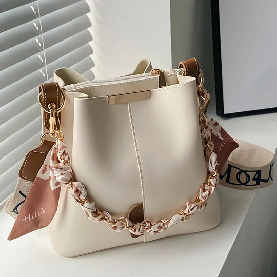 Luxury Bucket Shoulder Bag with Chain Scarf Strap