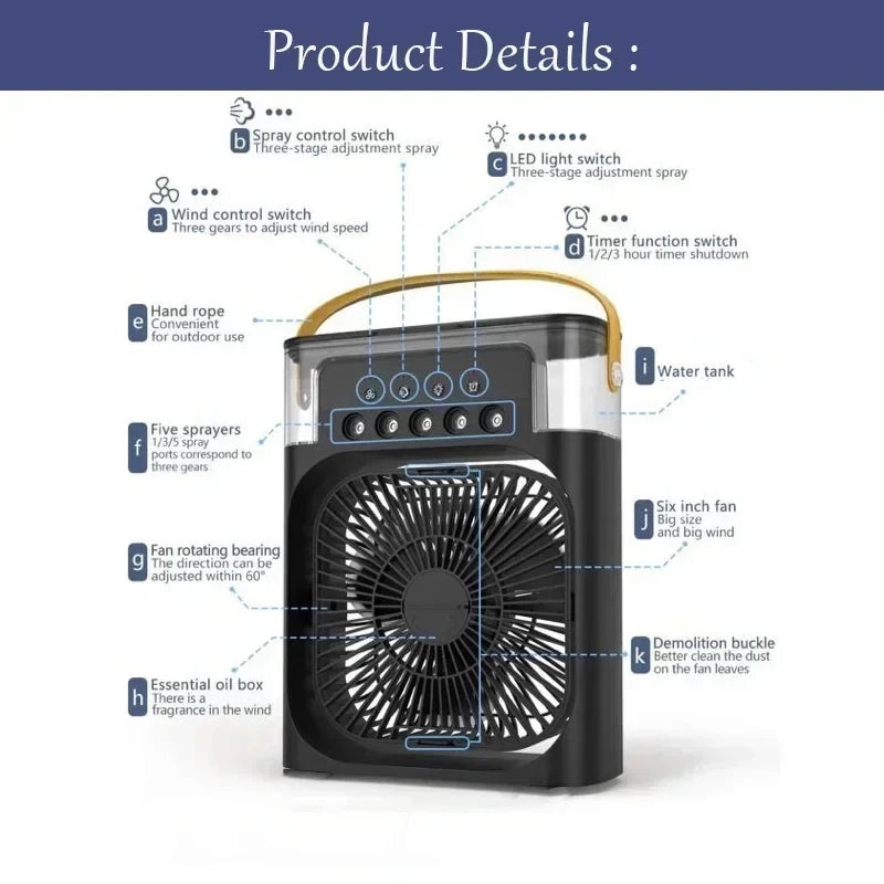 3-in-1 Portable Air Cooler Fan with Humidifier &amp; LED Light