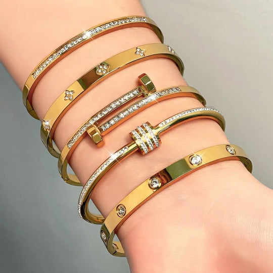 Gold Stainless Steel Zircon Bangle Bracelet