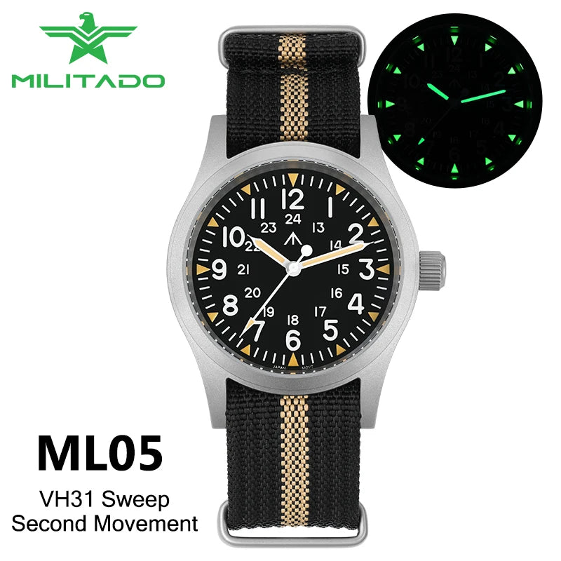 Militado ML05 38mm Field Watch Sapphire 100M VH31 Quartz