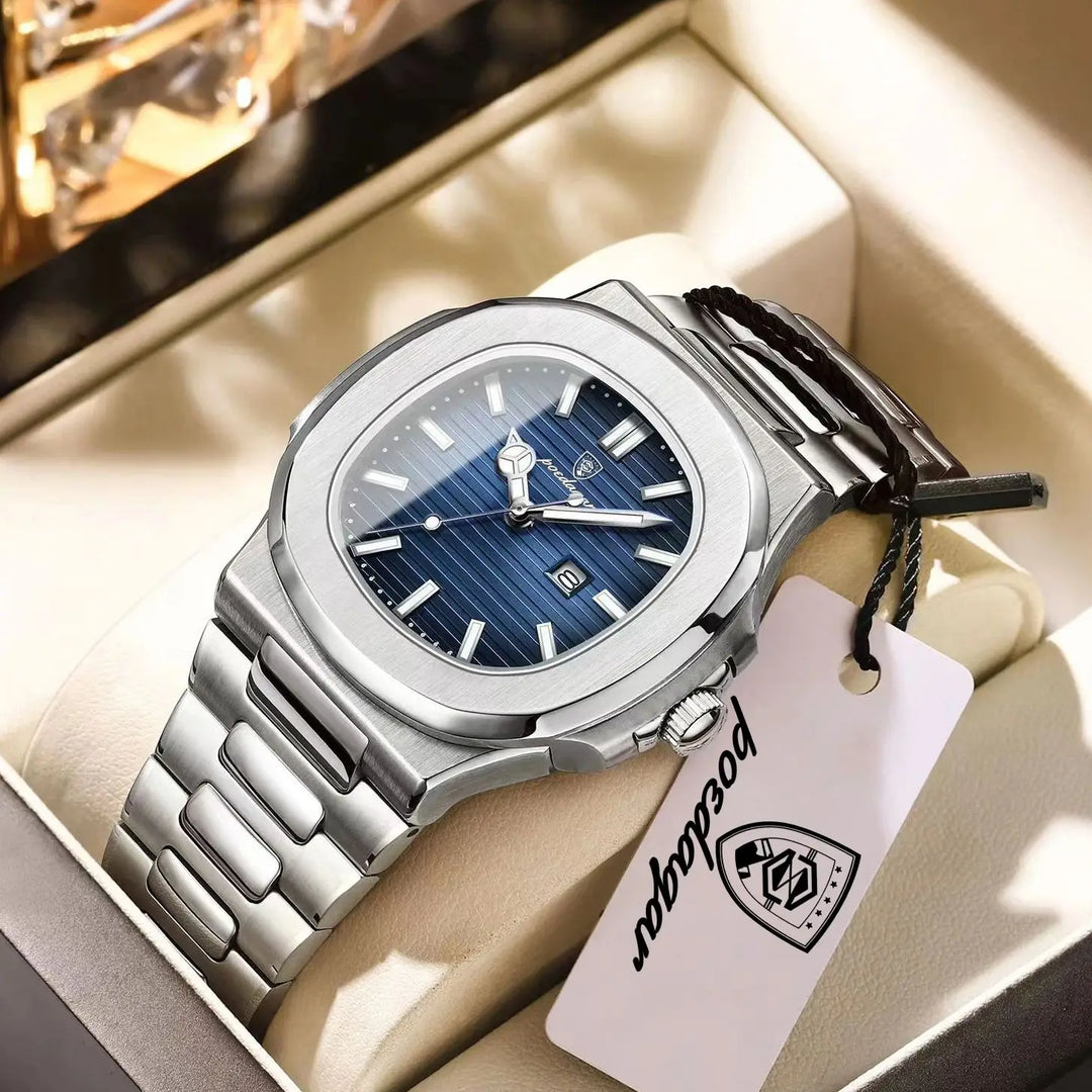 POEDAGAR Stainless Steel Quartz Square Men&