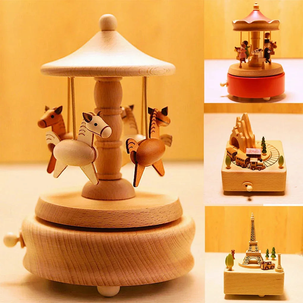 Wooden Carousel Music Box Hand Crank Musical Ornament