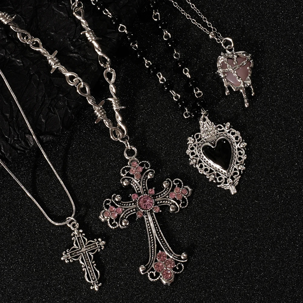 Y2K Cross &amp; Heart Pendant Necklace Set for Women