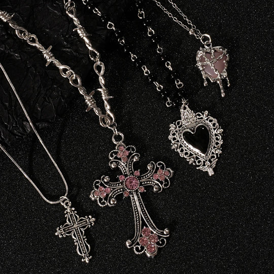 Y2K Cross &amp; Heart Pendant Necklace Set for Women