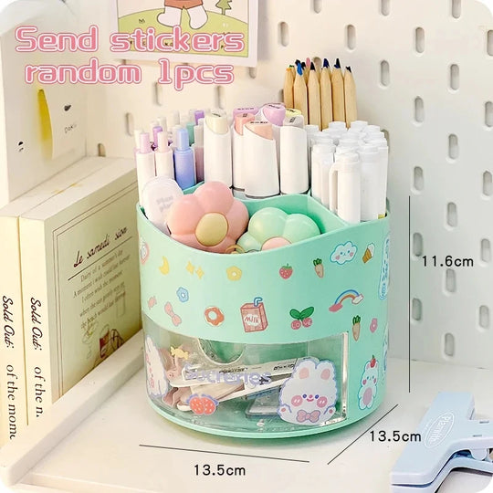 Cute Rotating Pen Holder with Drawer Storage Organizer