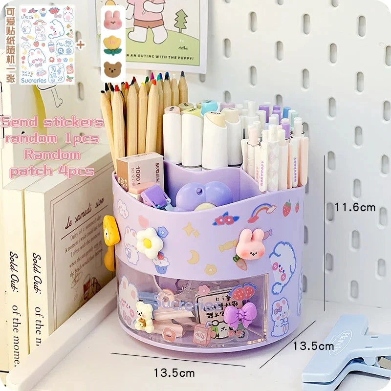 Cute Rotating Pen Holder with Drawer Storage Organizer