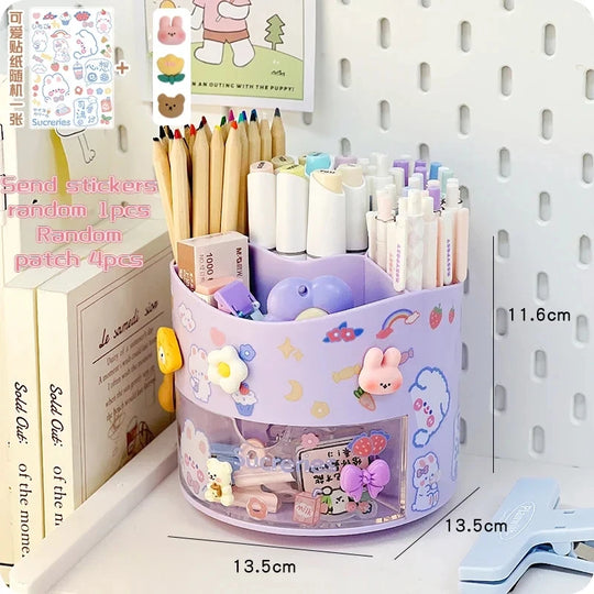 Cute Rotating Pen Holder with Drawer Storage Organizer