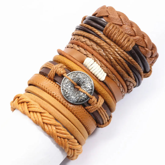 10-Piece Black Braided Leather Wrap Bracelet Set