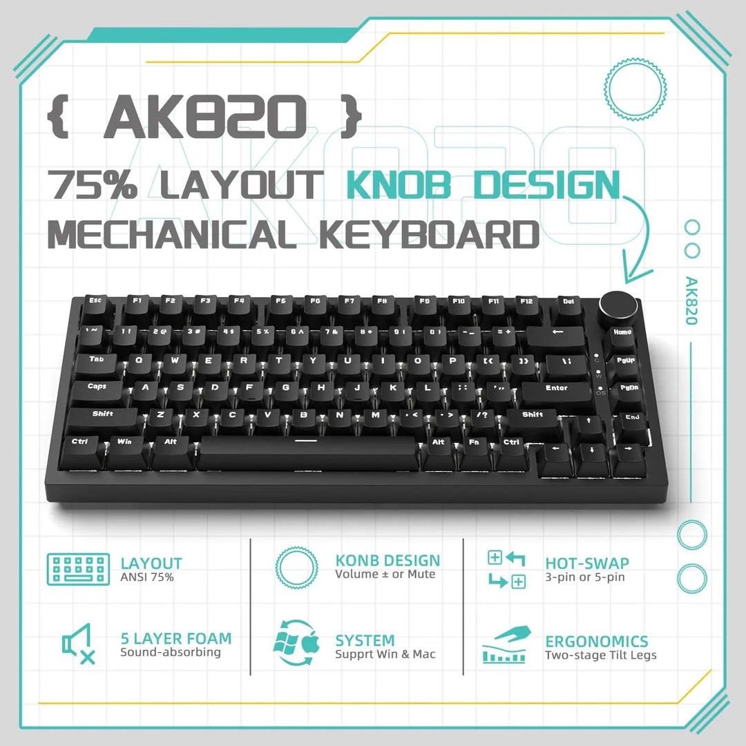 AJAZZ AK820 Wired 75% Hot-Swappable Mechanical Keyboard