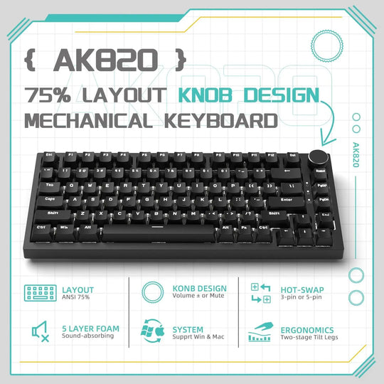 AJAZZ AK820 Wired 75% Hot-Swappable Mechanical Keyboard