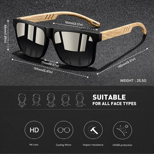 Vintage Square Mirror Sunglasses with Wood-Style Temples