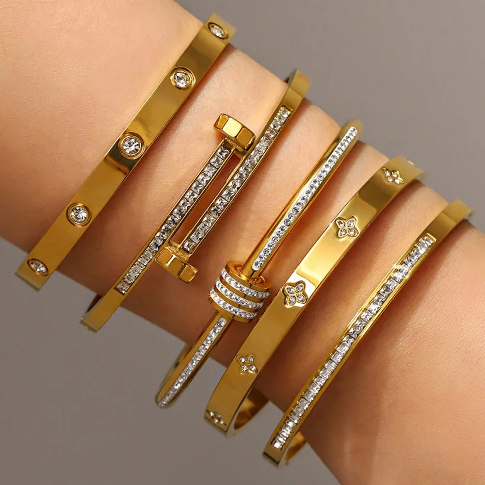 Gold Stainless Steel Zircon Bangle Bracelet