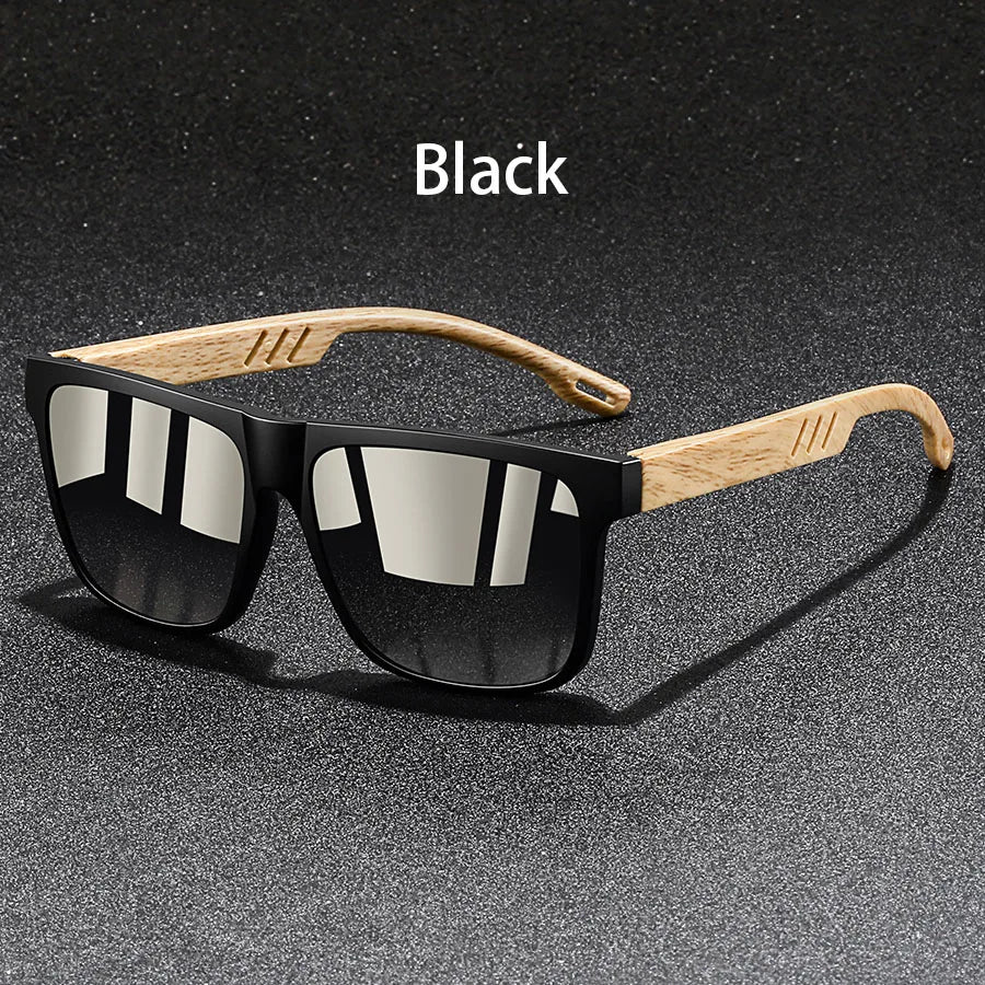 Vintage Square Mirror Sunglasses with Wood-Style Temples