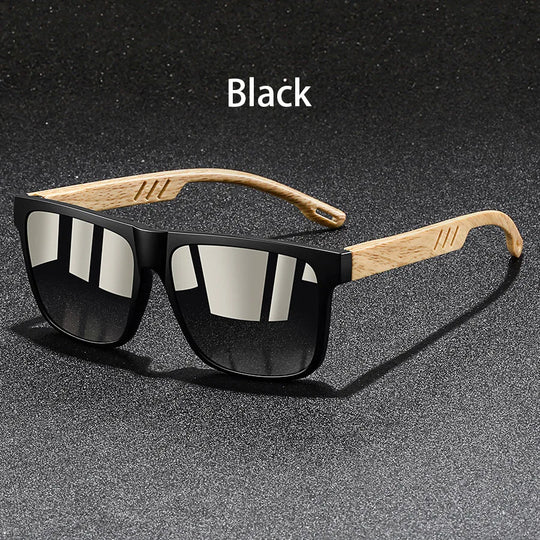 Vintage Square Mirror Sunglasses with Wood-Style Temples
