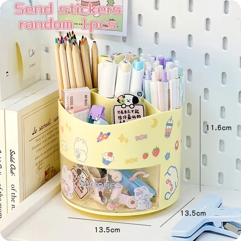Cute Rotating Pen Holder with Drawer Storage Organizer