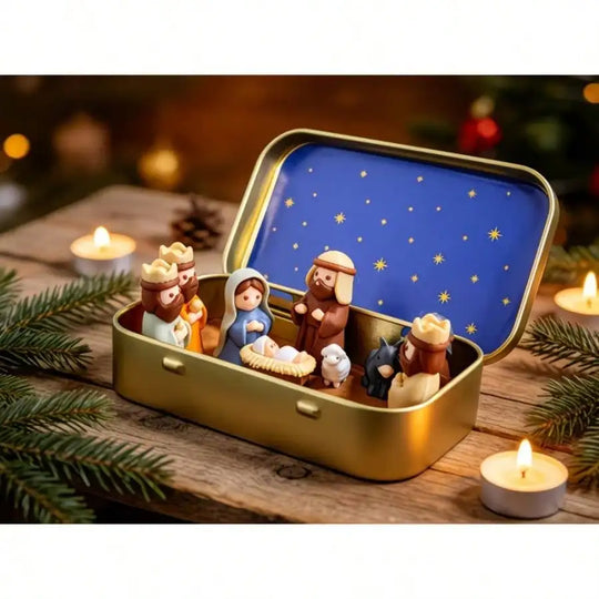 Portable Mini Nativity Scene Tin Box Set
