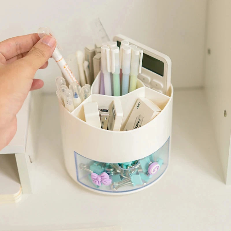Cute Rotating Pen Holder with Drawer Storage Organizer