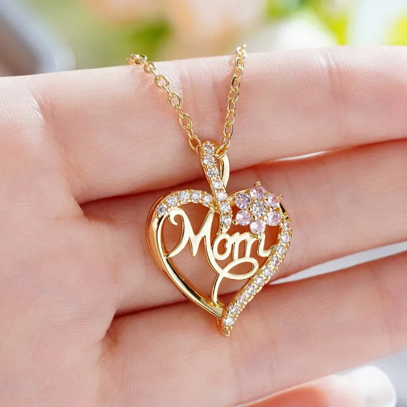 Heart Pendant Necklace for Mom with Rhinestones