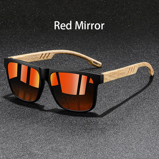 Vintage Square Mirror Sunglasses with Wood-Style Temples
