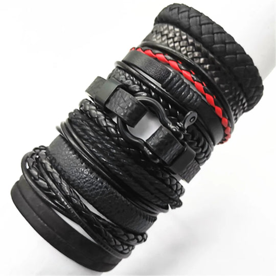 10-Piece Black Braided Leather Wrap Bracelet Set