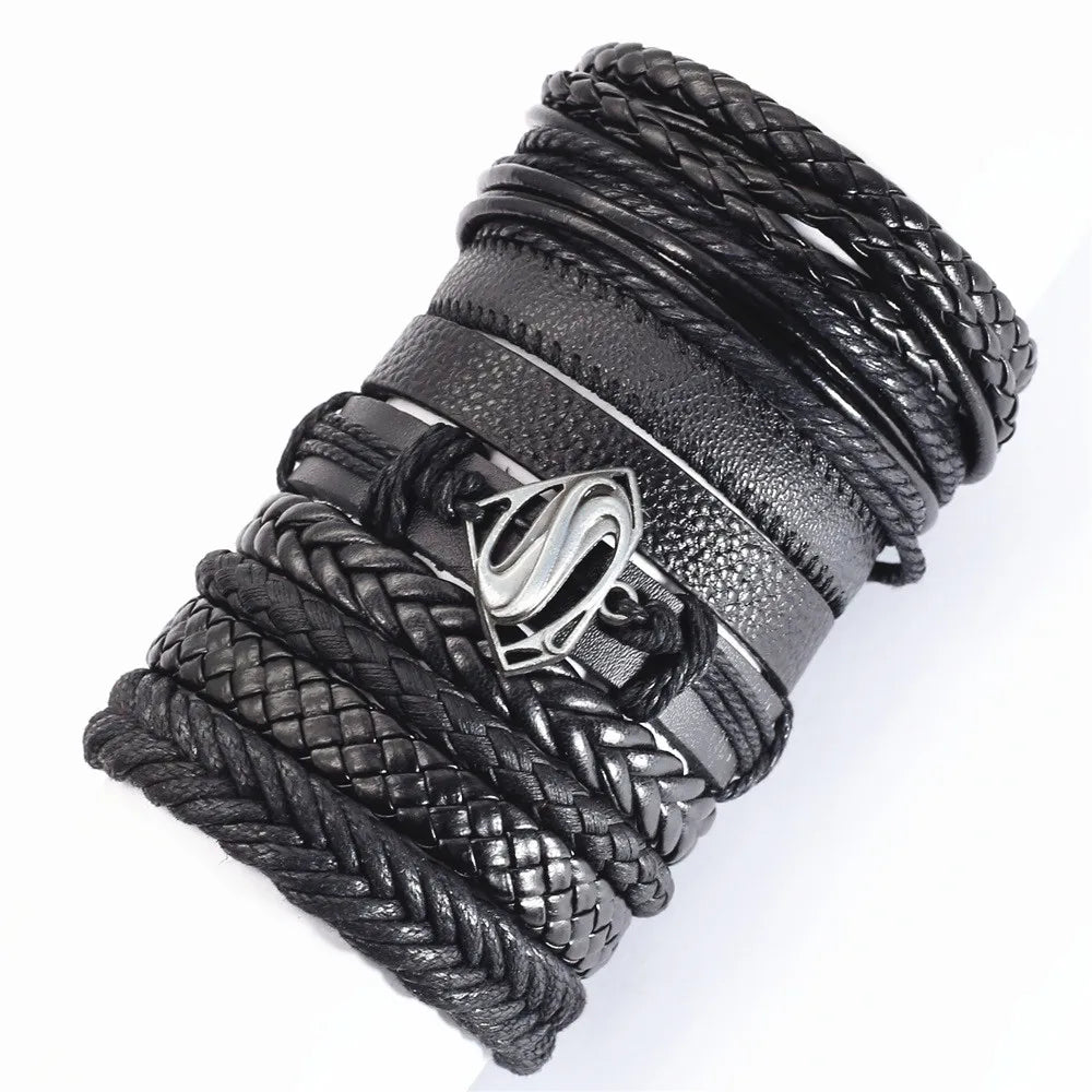 10-Piece Black Braided Leather Wrap Bracelet Set