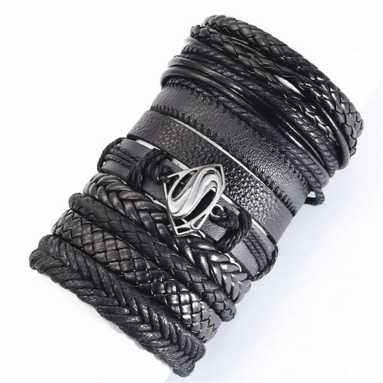 10-Piece Black Braided Leather Wrap Bracelet Set