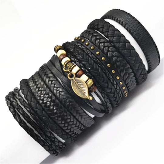 10-Piece Black Braided Leather Wrap Bracelet Set