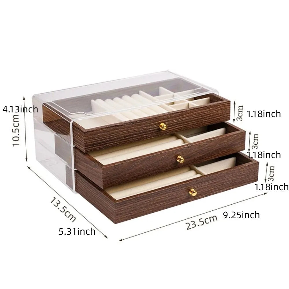 3-Tier Wooden Jewelry Organizer Box with Clear Lid