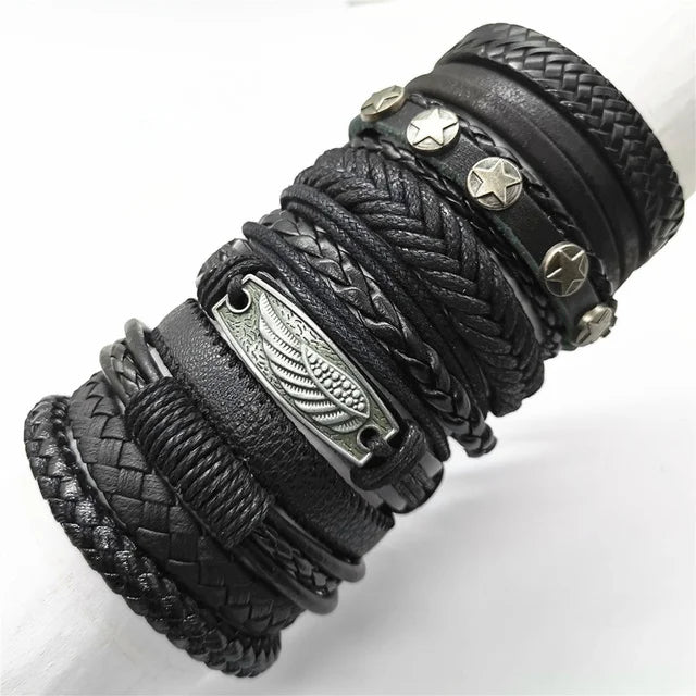 10-Piece Black Braided Leather Wrap Bracelet Set