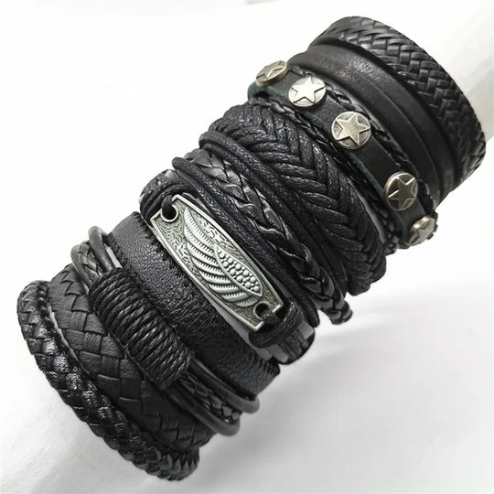 10-Piece Black Braided Leather Wrap Bracelet Set