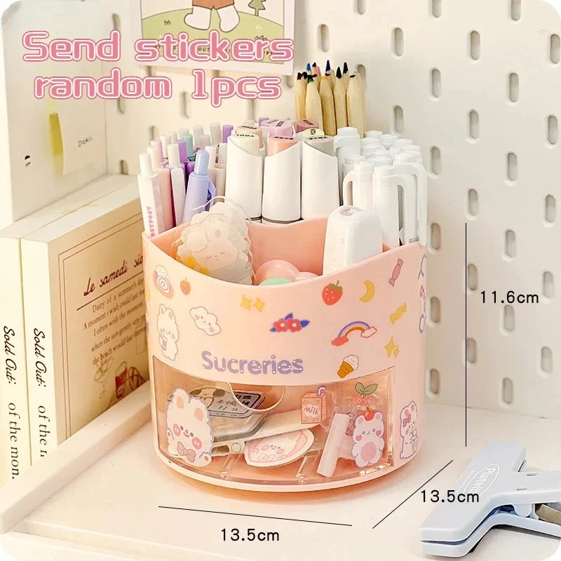 Cute Rotating Pen Holder with Drawer Storage Organizer