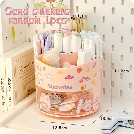 Cute Rotating Pen Holder with Drawer Storage Organizer