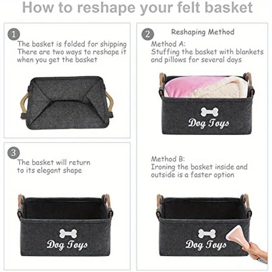 Felt Dog Toy Storage Basket with Wooden Handles