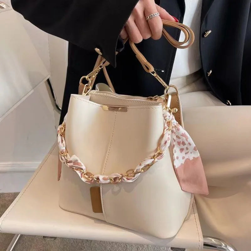 Luxury Bucket Shoulder Bag with Chain Scarf Strap