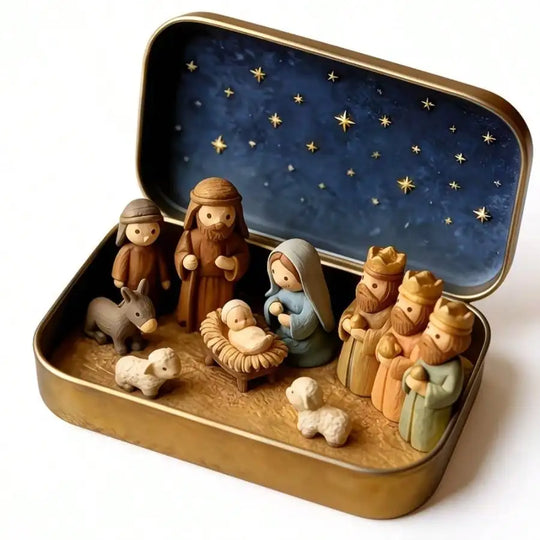 Portable Mini Nativity Scene Tin Box Set