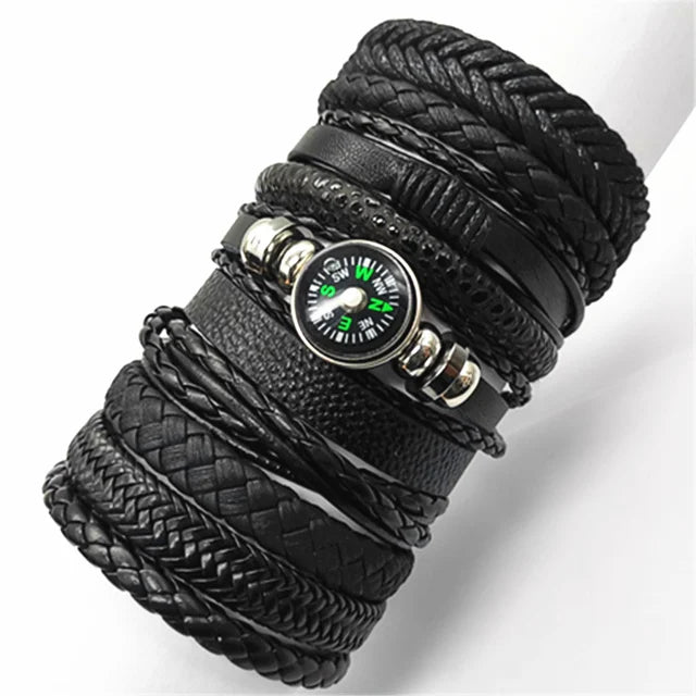 10-Piece Black Braided Leather Wrap Bracelet Set