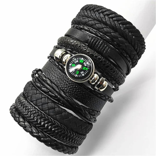 10-Piece Black Braided Leather Wrap Bracelet Set