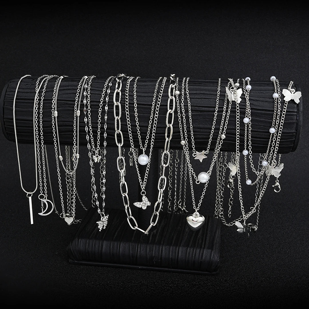 13-Piece Silver Tone Charm Necklace Set for Women
