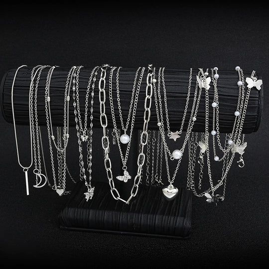 13-Piece Silver Tone Charm Necklace Set for Women